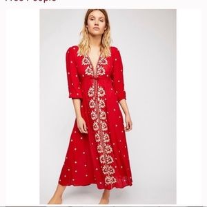 NWT FREE PEOPLE Embroidered Fable Midi Dress in Rock N' Roll Red Combo